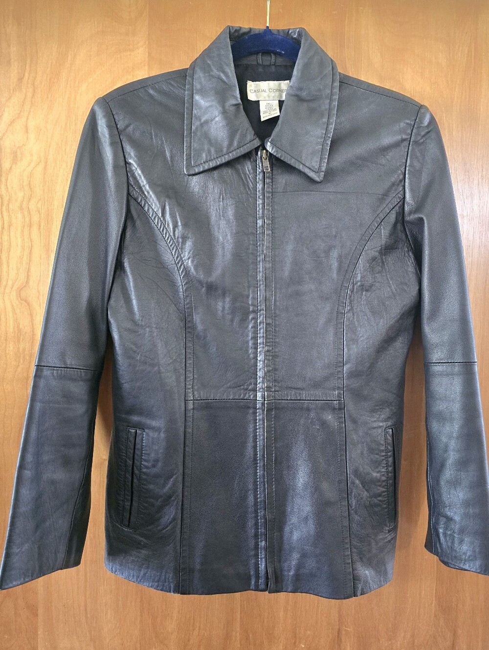 Casual Corner Womens Black Genuine Soft Leather Full Zip Jacket Vtg 90s Med EUC.